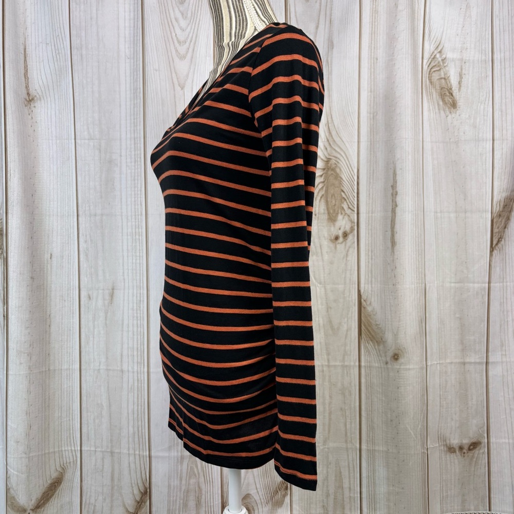 Isabel Maternity Tee Long Sleeve Side Rouging Comfy Striped Black Orange Size XS - Picture 2 of 14